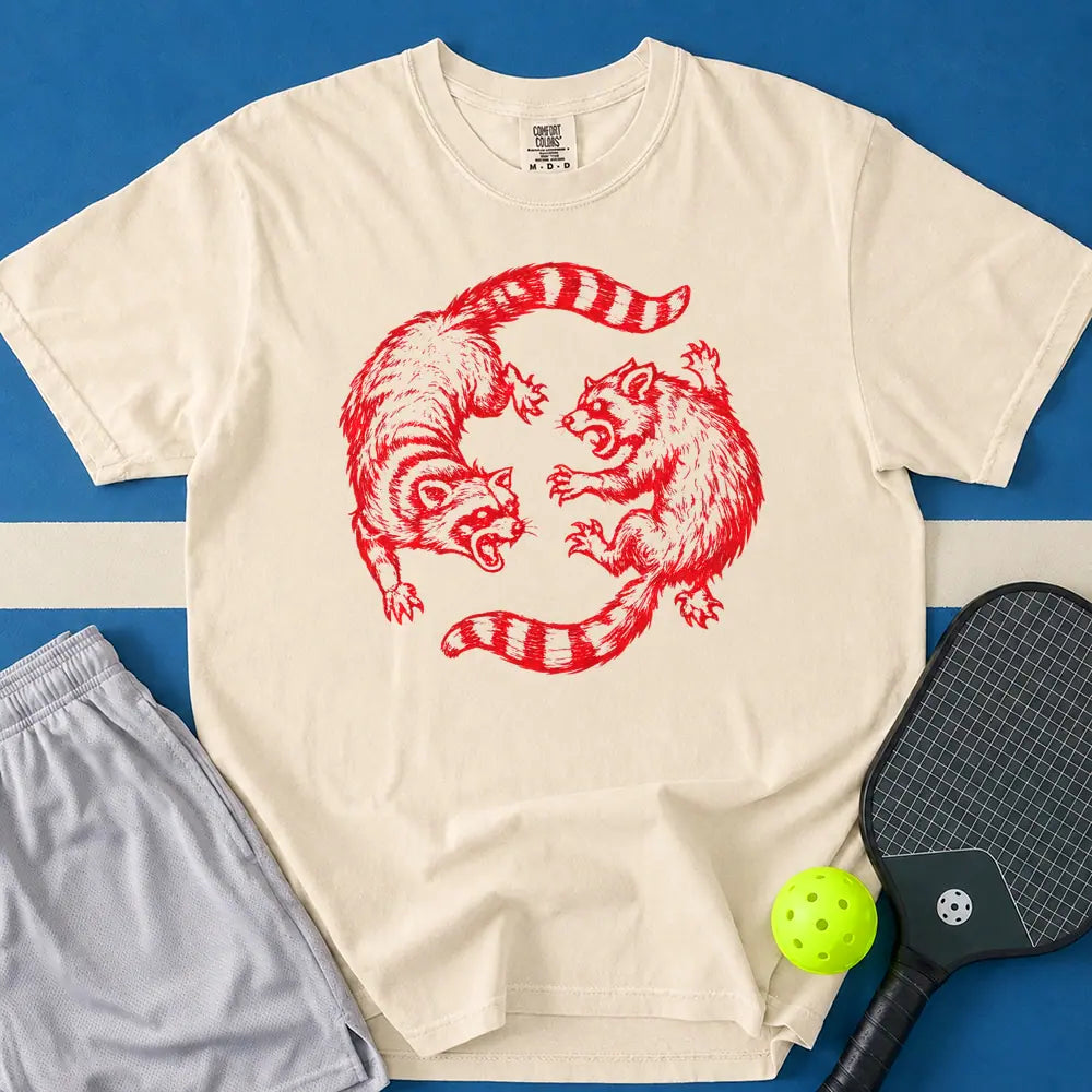 May include Raccoon Yin Yang Fight T-Shirt in ivory t-shirt with Raccoon Yin Yang Fight design