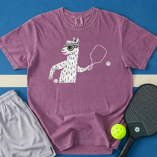 May include Llama Playing T-Shirt in berry t-shirt with Crappie Patch Snapback, black satin design