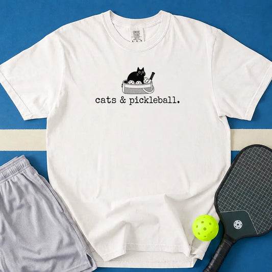 May include Cats And Pickleball T-Shirt in white t-shirt with Cats And Pickleball design
