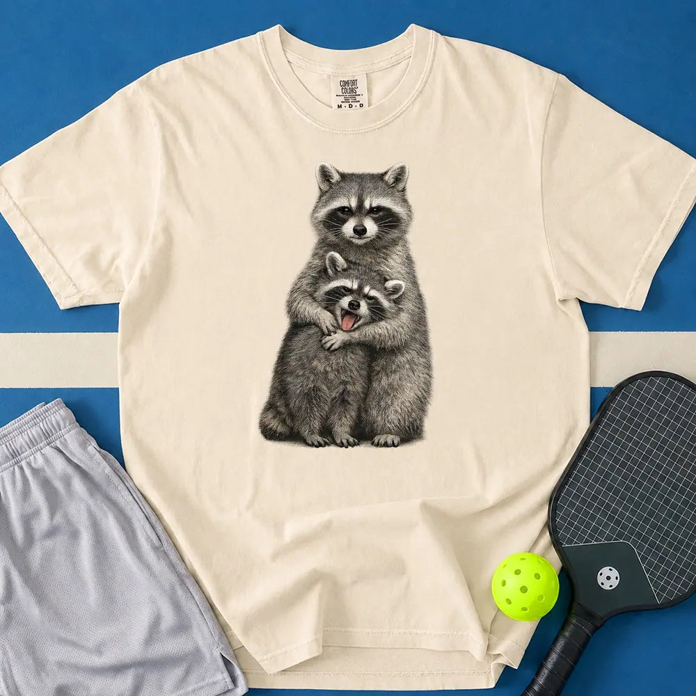 May include Hugging Raccoons T-Shirt in ivory t-shirt with Hugging Raccoons design