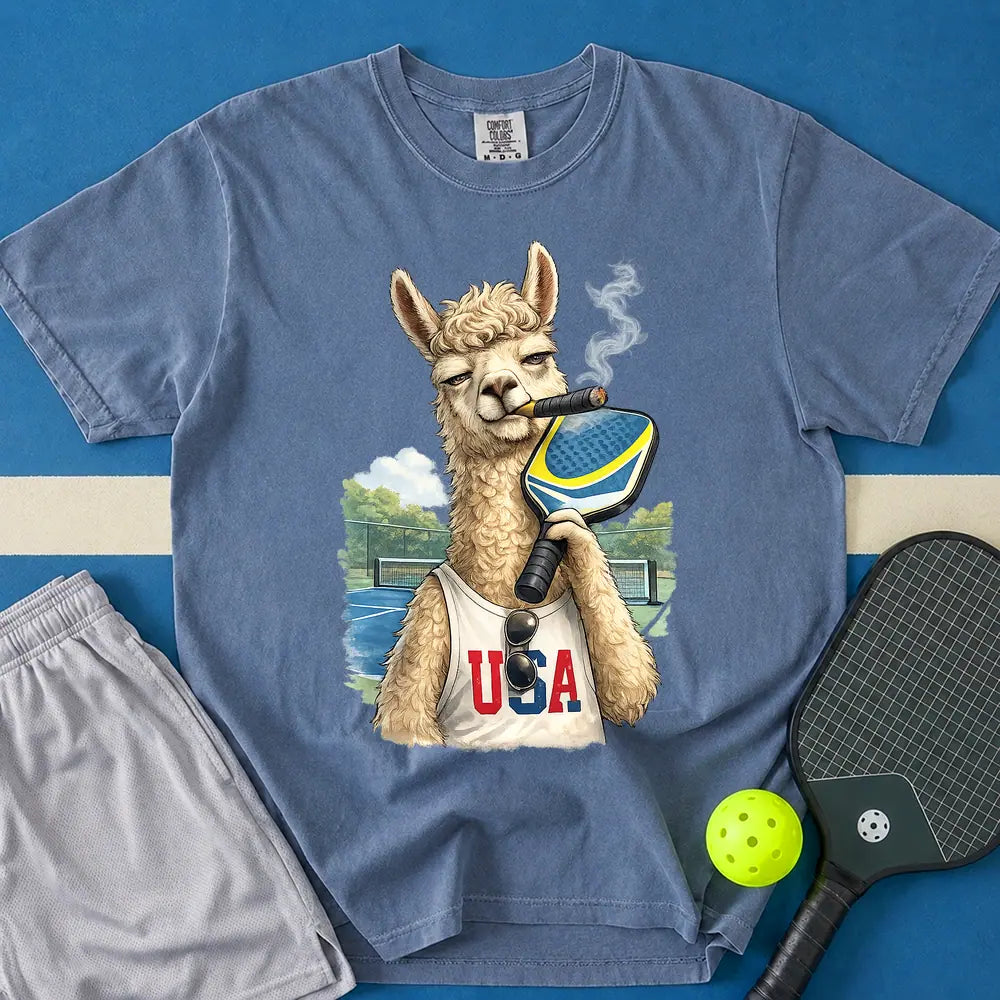 May include Smoking Llama T-Shirt in blue jean t-shirt with Smoking Llama design
