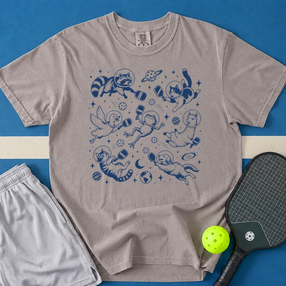 May include Space Pickleball T-Shirt in gray t-shirt with Space Pickleball design