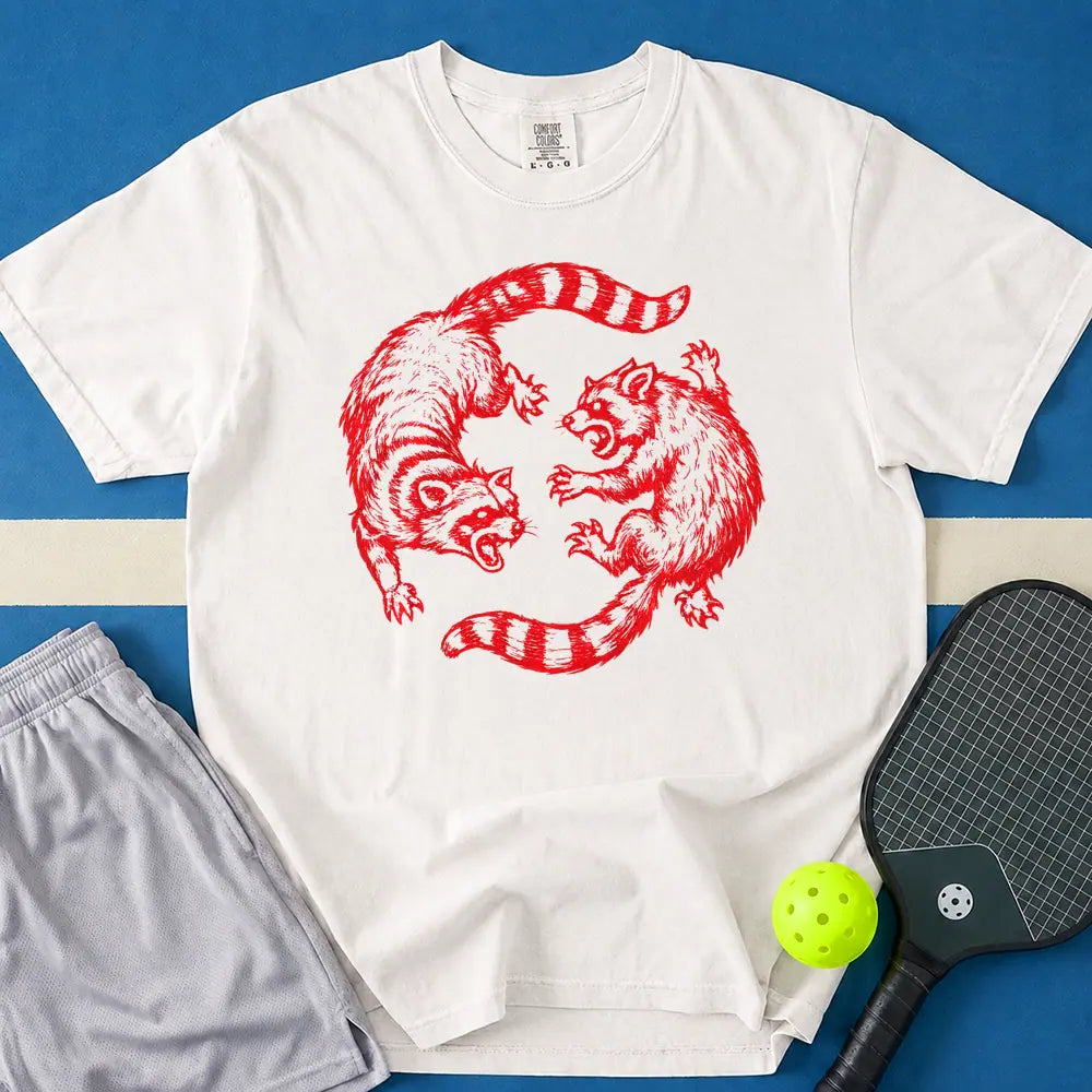 May include Raccoon Yin Yang Fight T-Shirt in white t-shirt with Raccoon Yin Yang Fight design