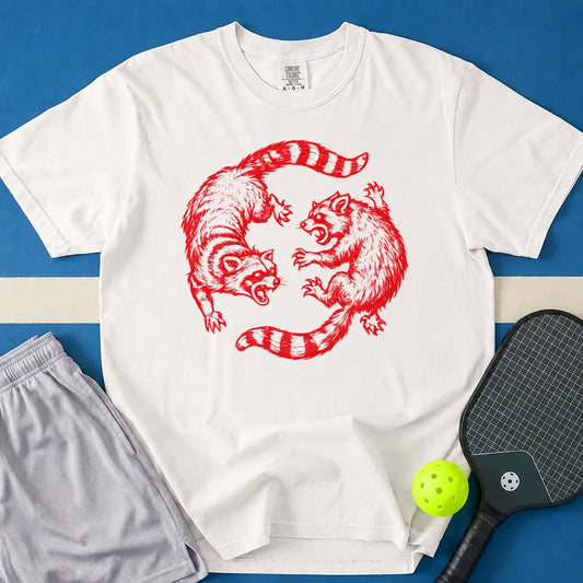 May include Raccoon Yin Yang Fight T-Shirt in white t-shirt with Raccoon Yin Yang Fight design