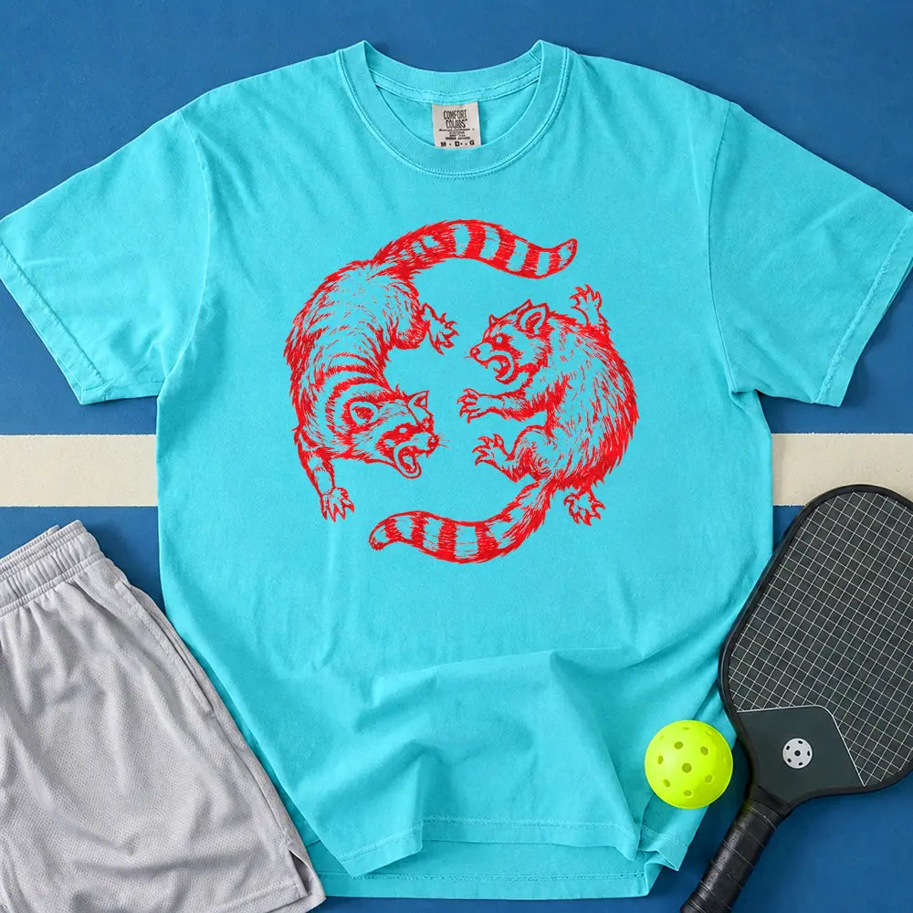 May include Raccoon Yin Yang Fight T-Shirt in lagoon t-shirt with Raccoon Yin Yang Fight design