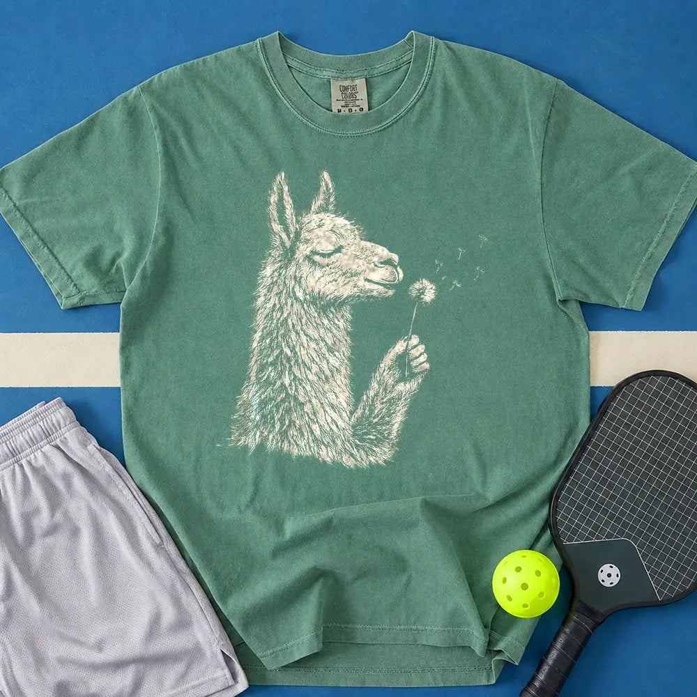 May include Llama Blowing Wishes T-Shirt in light green t-shirt with Llama Blowing Wishes design