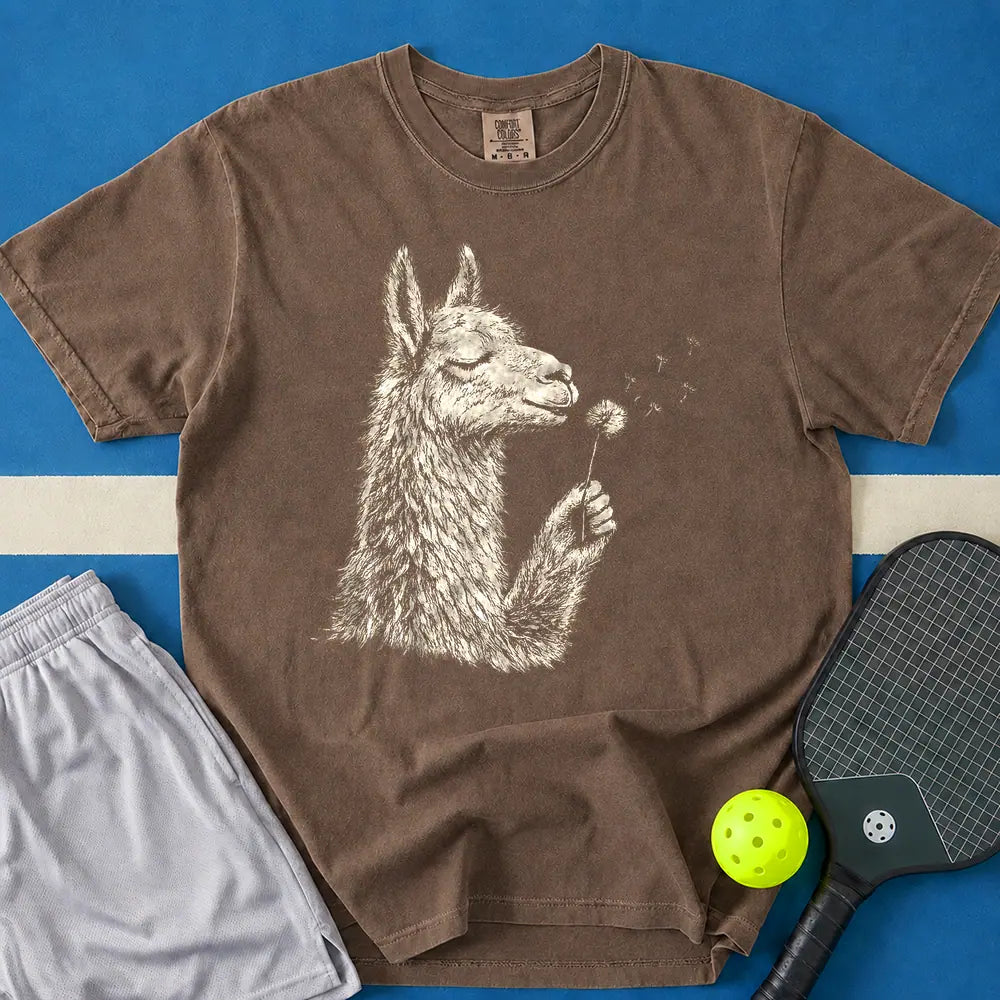 May include Llama Blowing Wishes T-Shirt in espresso t-shirt with Llama Blowing Wishes design