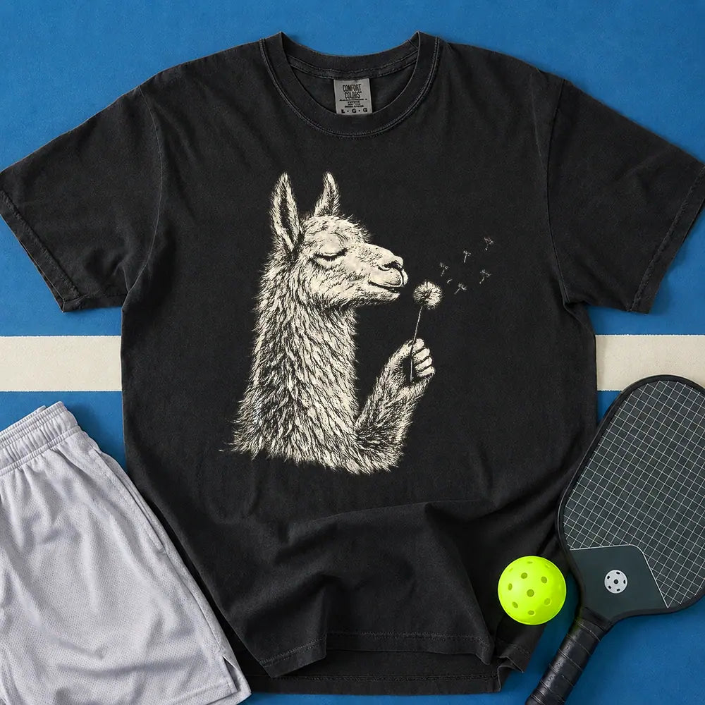 May include Llama Blowing Wishes T-Shirt in black t-shirt with Llama Blowing Wishes design