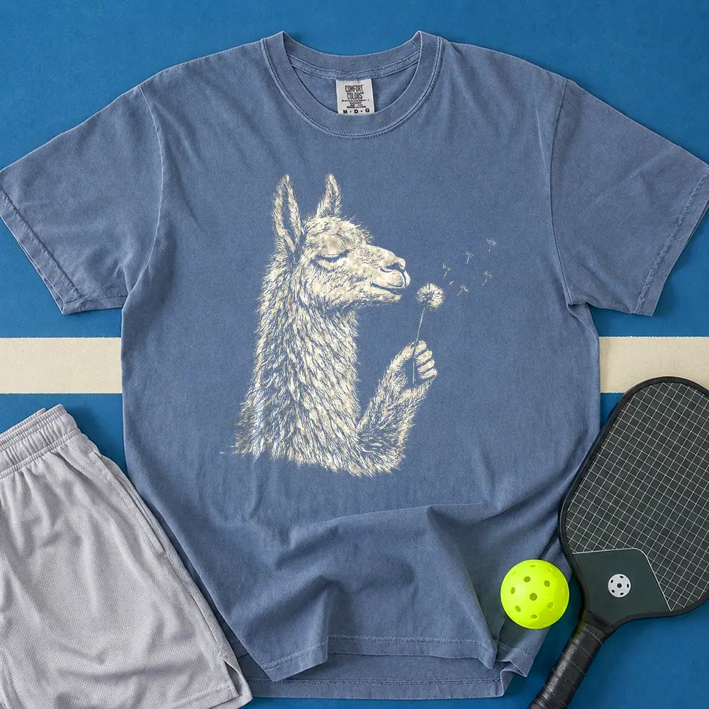 May include Llama Blowing Wishes T-Shirt in blue jean t-shirt with Llama Blowing Wishes design