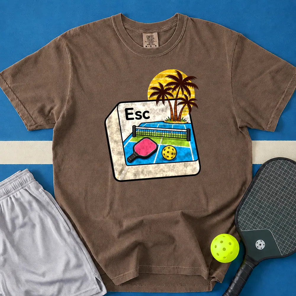 May include Escape To Kitchen T-Shirt in espresso t-shirt with Escape Button design