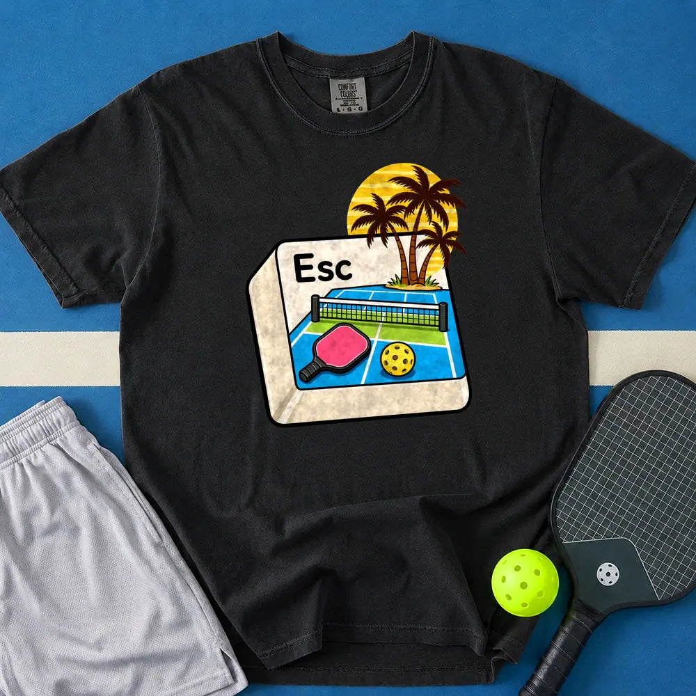 May include Escape To Kitchen T-Shirt in black t-shirt with Escape Button design