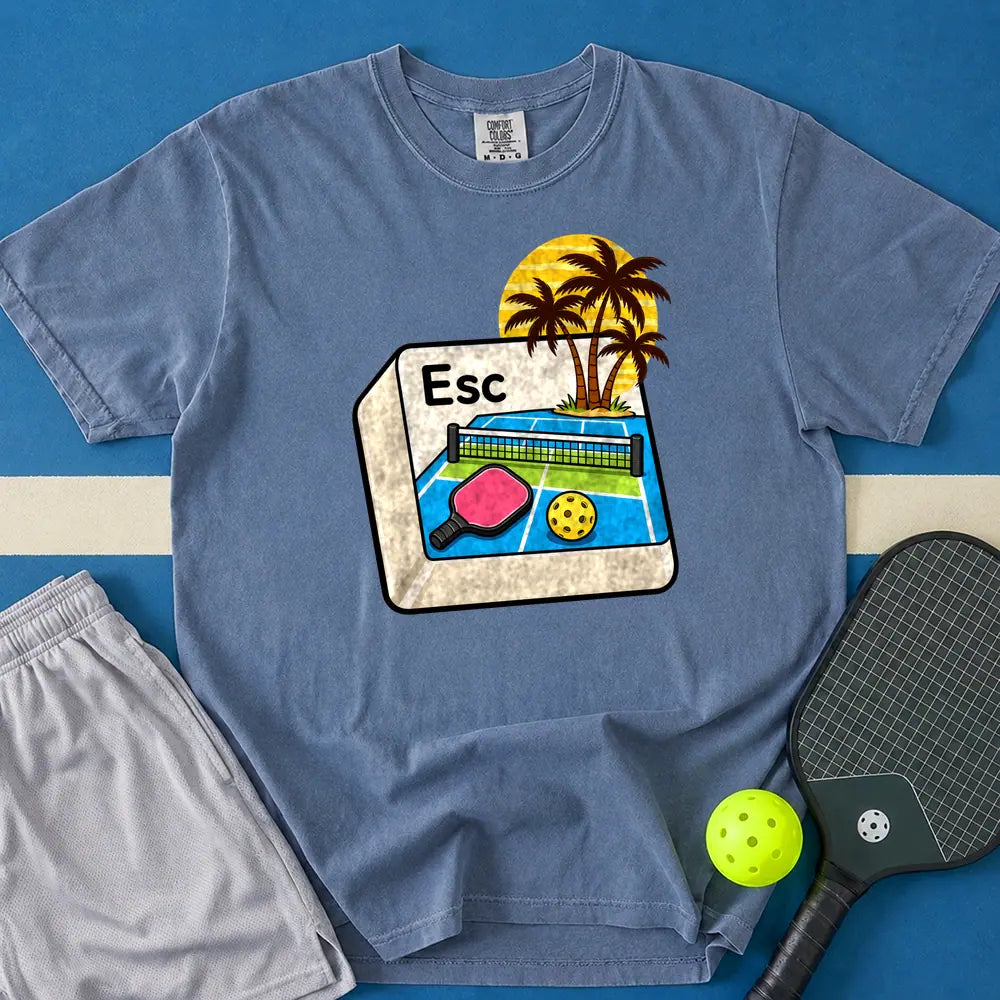 May include Escape To Kitchen T-Shirt in blue jean t-shirt with Escape Button design