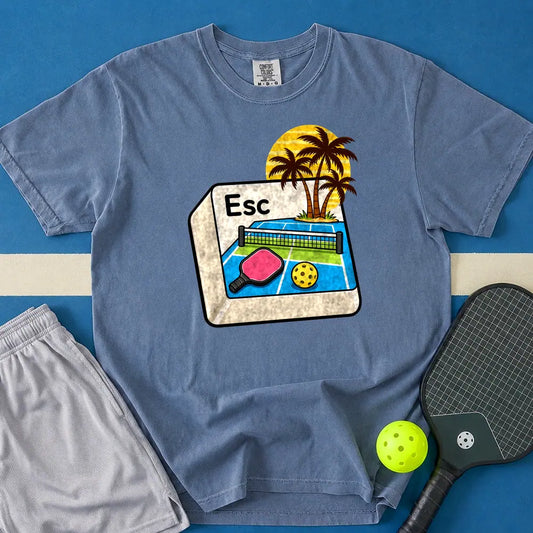 May include Escape To Kitchen T-Shirt in blue jean t-shirt with Escape Button design