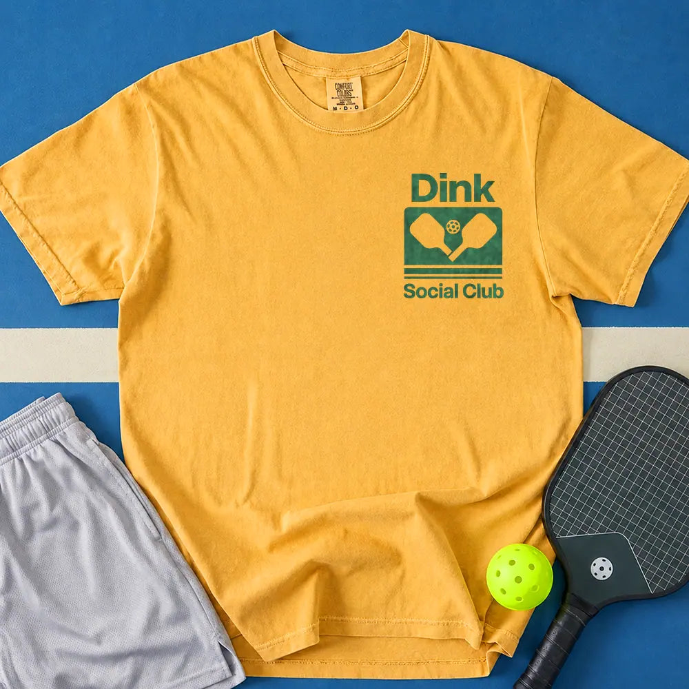 May include Dink Social Club T-Shirt in mustard t-shirt with Custom Camp Party Tee design
