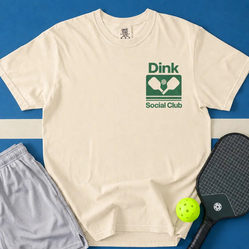 May include Dink Social Club T-Shirt in ivory t-shirt with Custom Camp Party Tee design