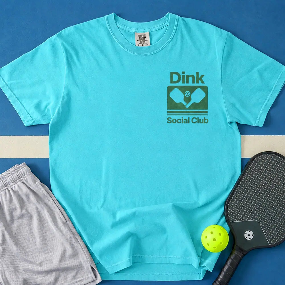 May include Dink Social Club T-Shirt in lagoon t-shirt with Custom Camp Party Tee design