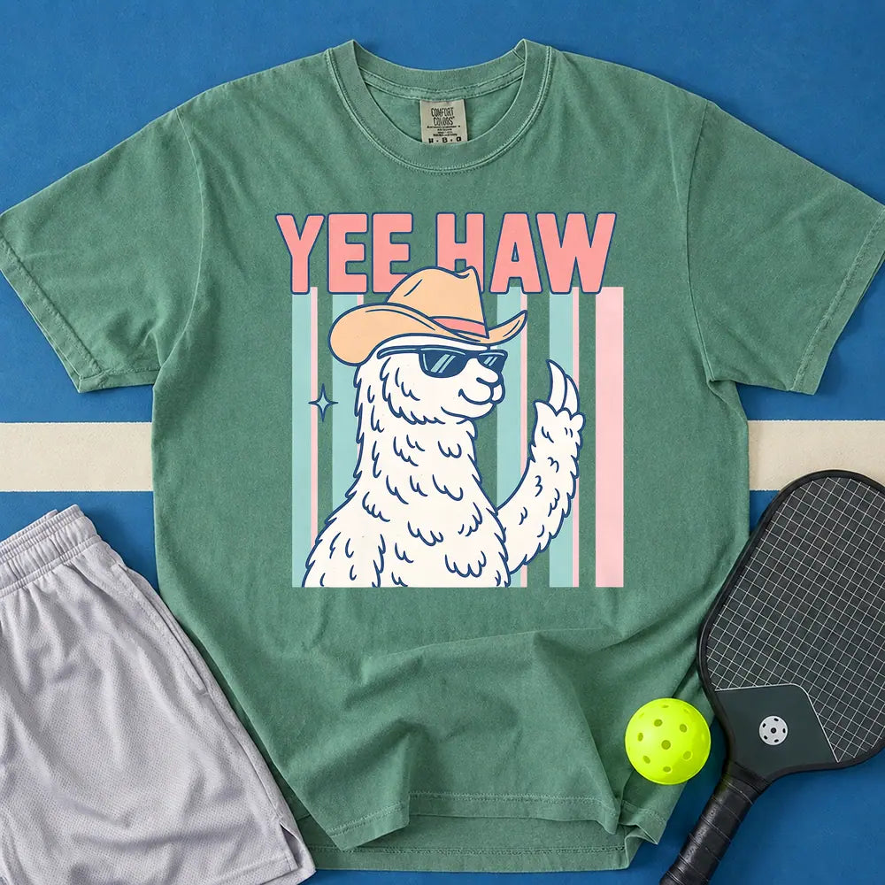 May include Yee Haw Llama T-Shirt in light green t-shirt with Yee Haw design