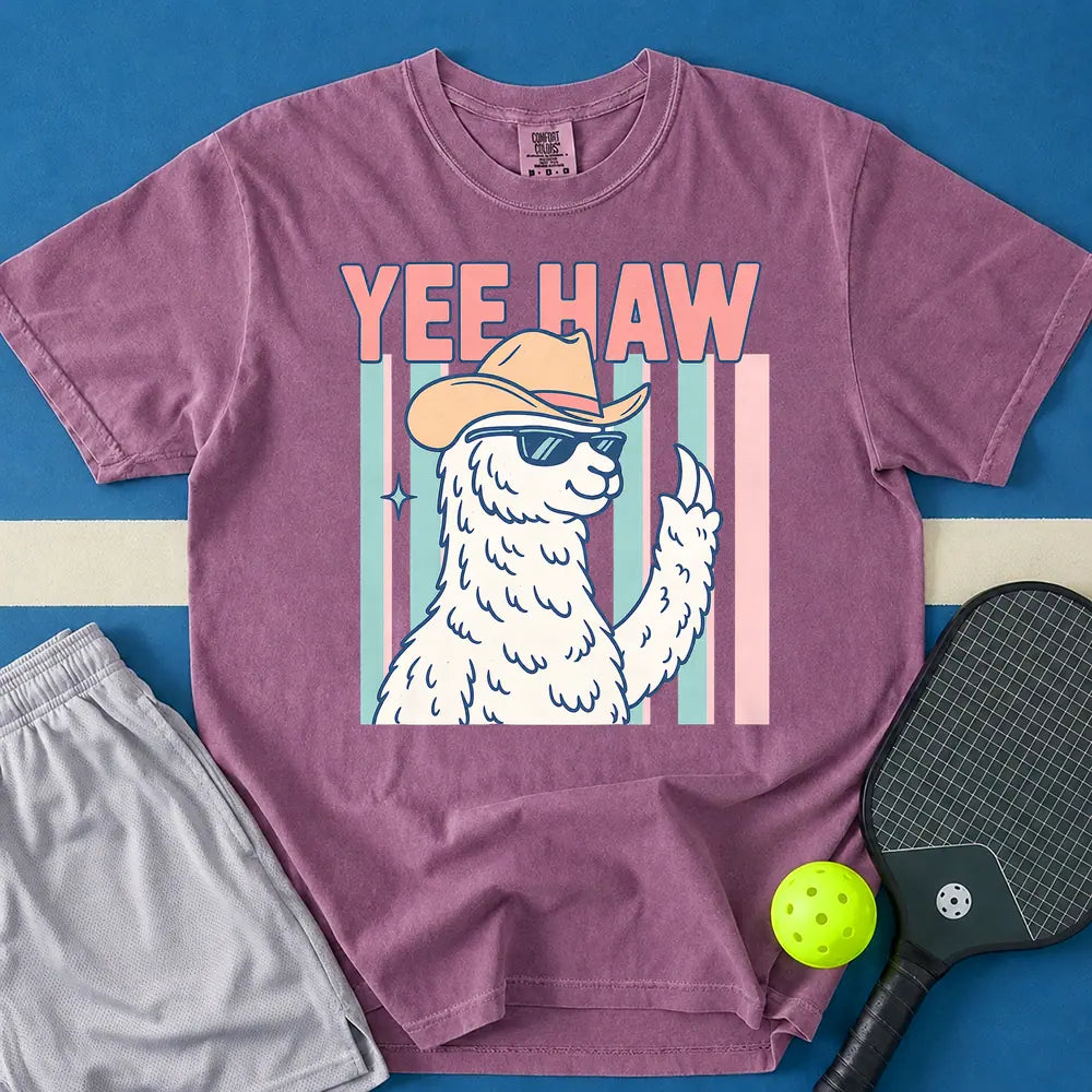 May include Yee Haw Llama T-Shirt in berry t-shirt with Yee Haw design