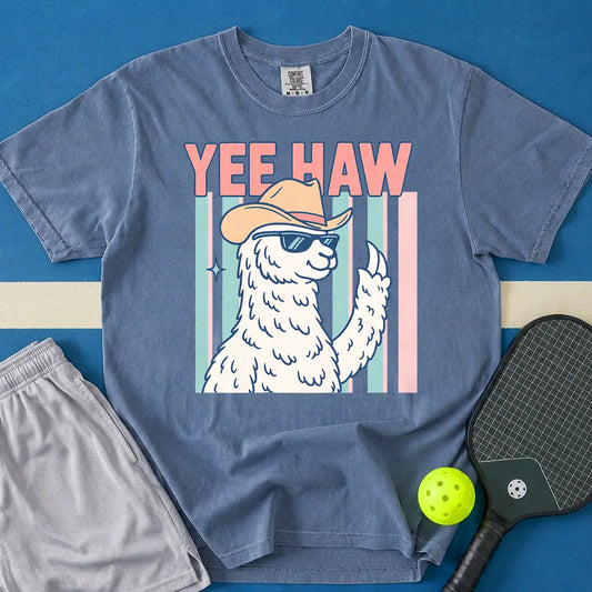 May include Yee Haw Llama T-Shirt in blue jean t-shirt with Yee Haw design