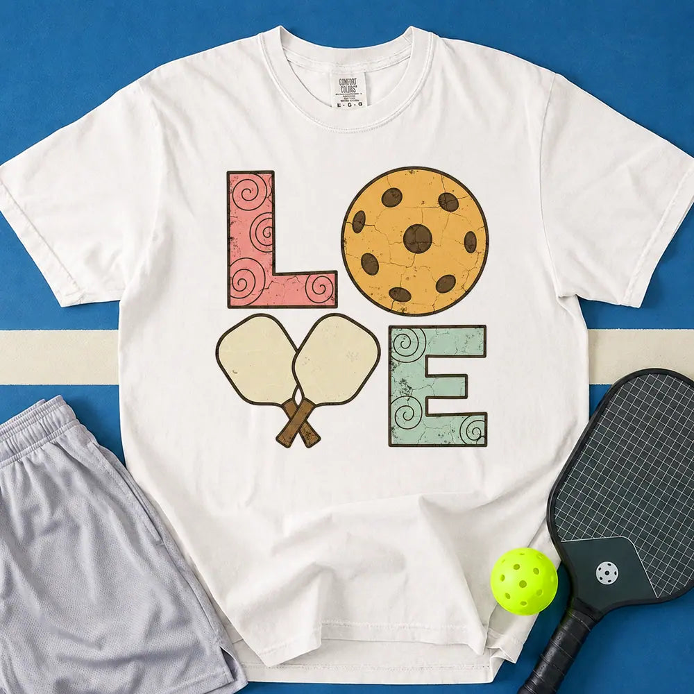 May include Love Pickleball T-Shirt in white t-shirt with Love Pickleball design