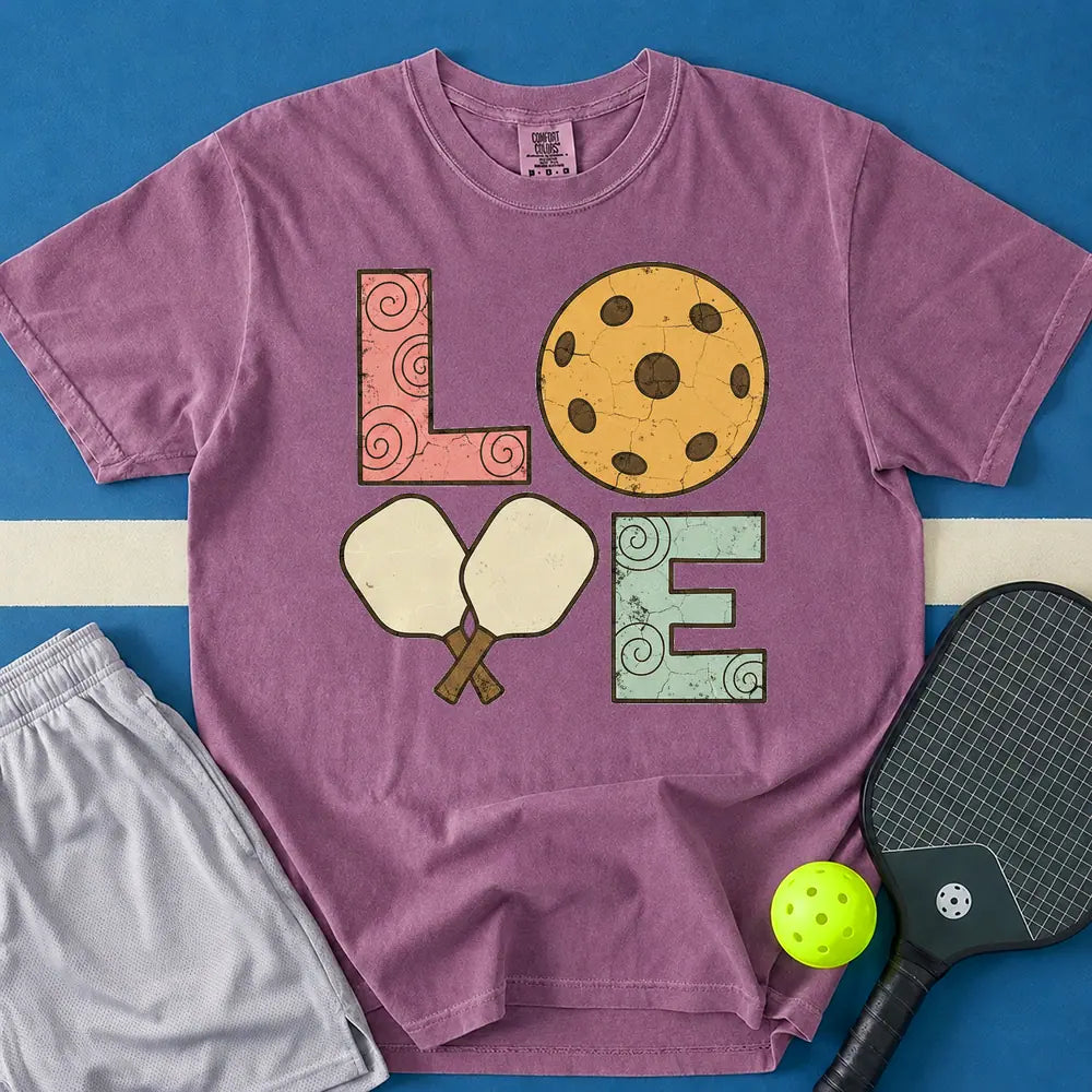 May include Love Pickleball T-Shirt in berry t-shirt with Love Pickleball design