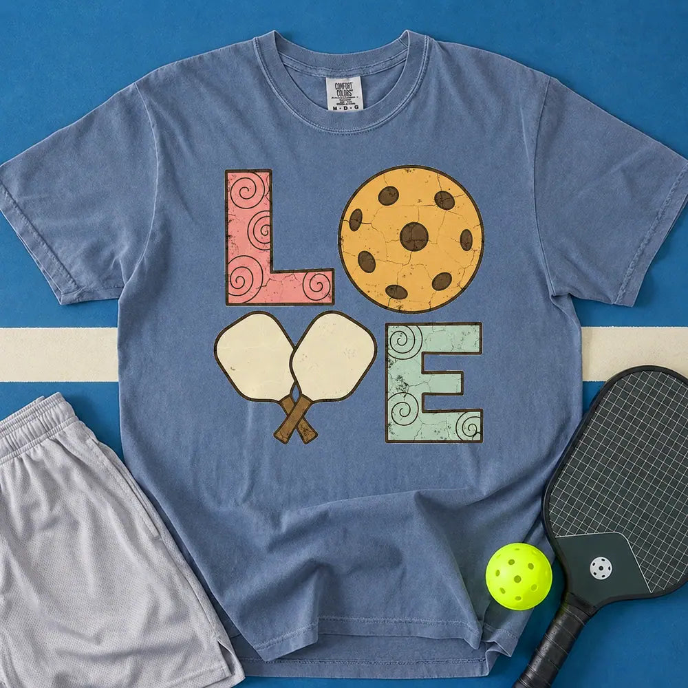 May include Love Pickleball T-Shirt in blue jean t-shirt with Love Pickleball design