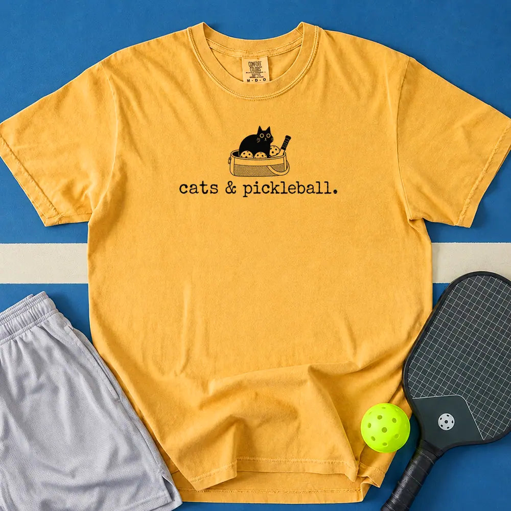 May include Cats And Pickleball T-Shirt in mustard t-shirt with Cats And Pickleball design