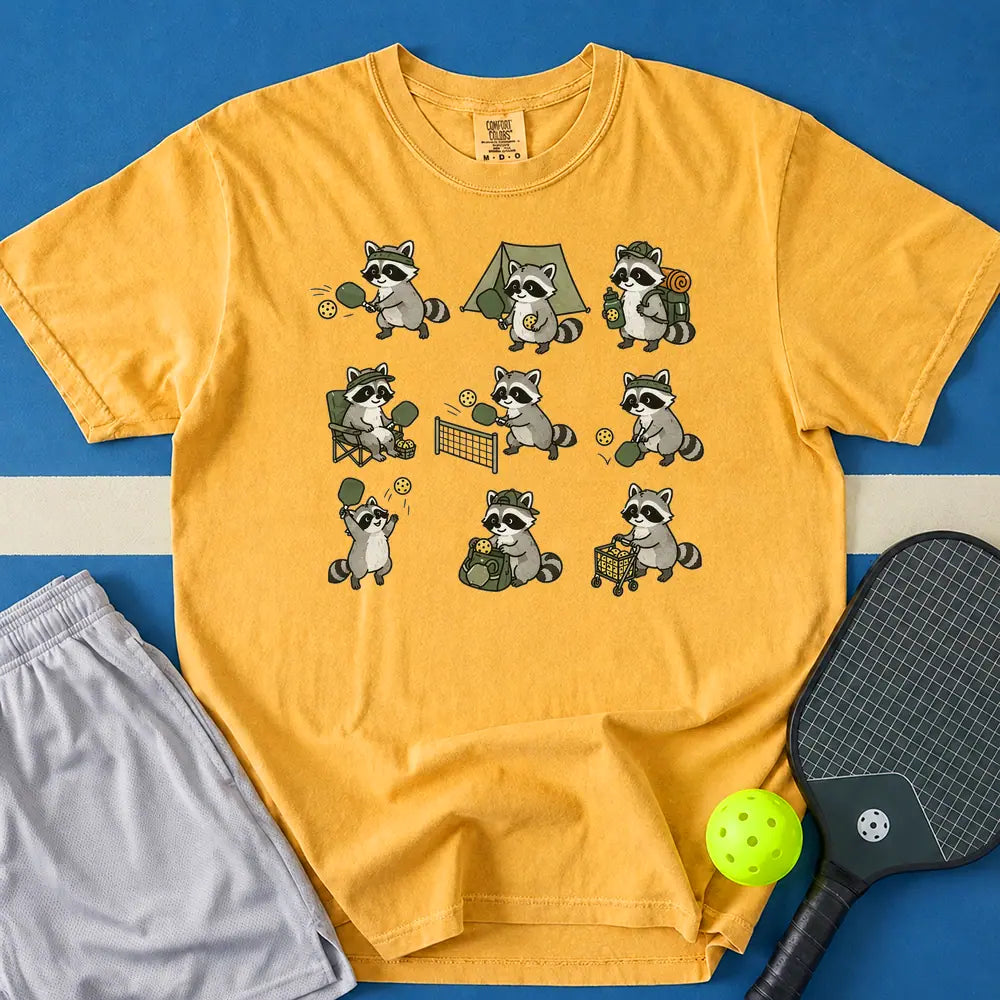 May include Cute Raccoon Playing T-Shirt in mustard t-shirt with Cute Raccoon Playing design