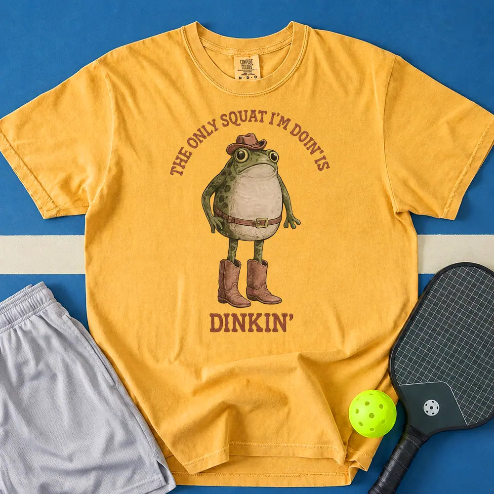 May include Dinkin' Squat T-Shirt in mustard t-shirt with Dinkin' Squat design