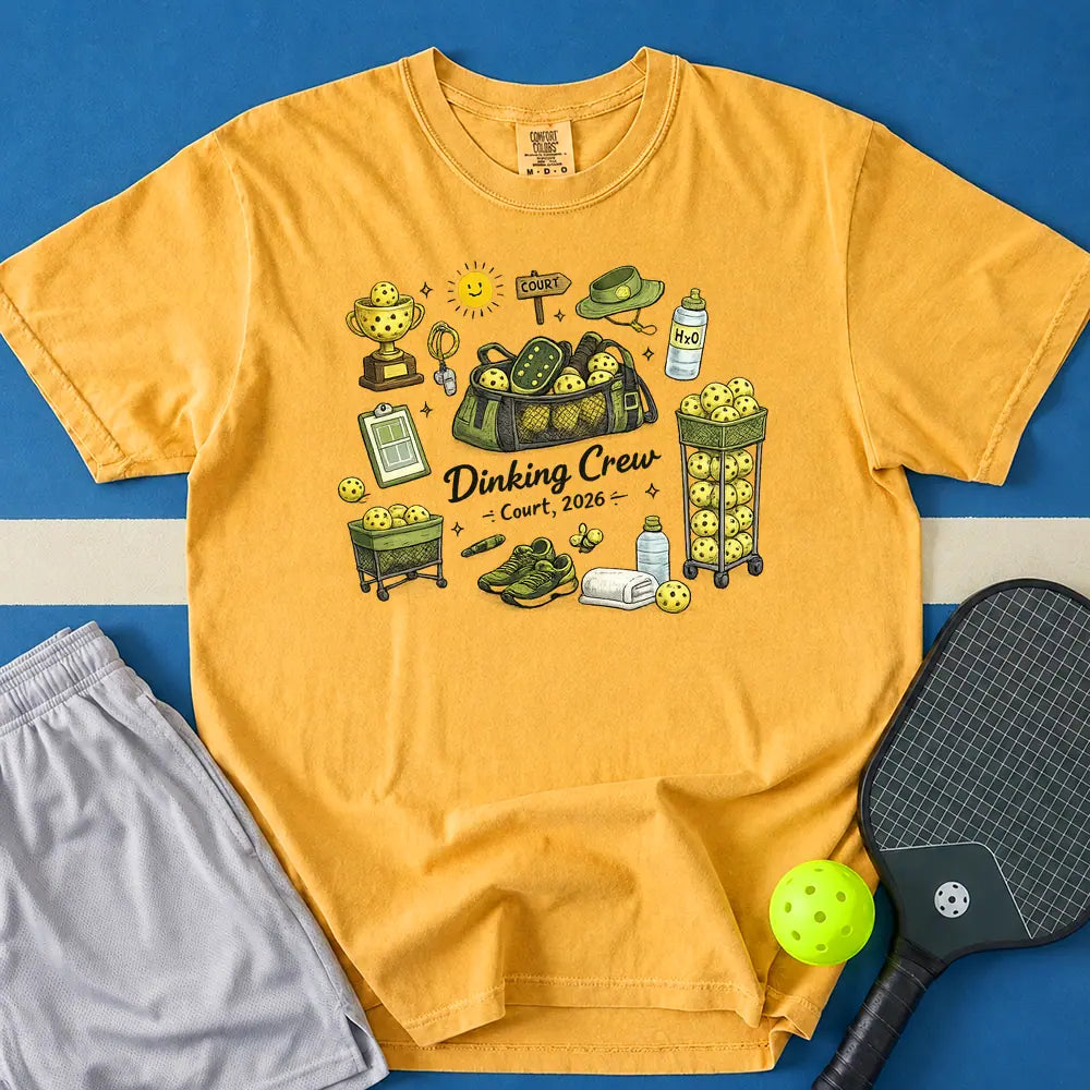 May include Dinking Crew T-Shirt in mustard t-shirt with Dinking Crew design