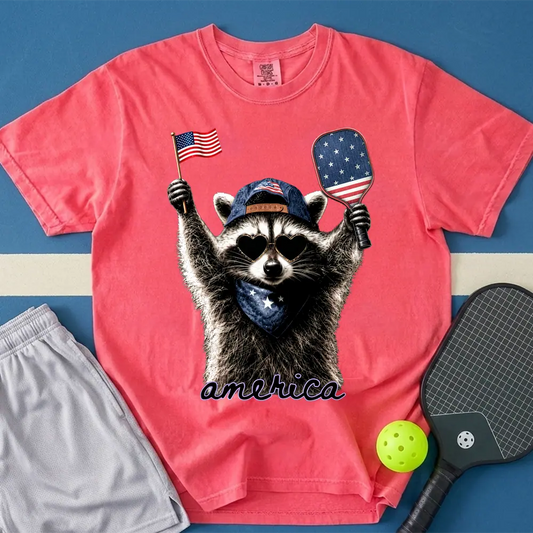 May include Feral & Pickleball T-Shirt in watermelon t-shirt with Feral & Free Raccoon design