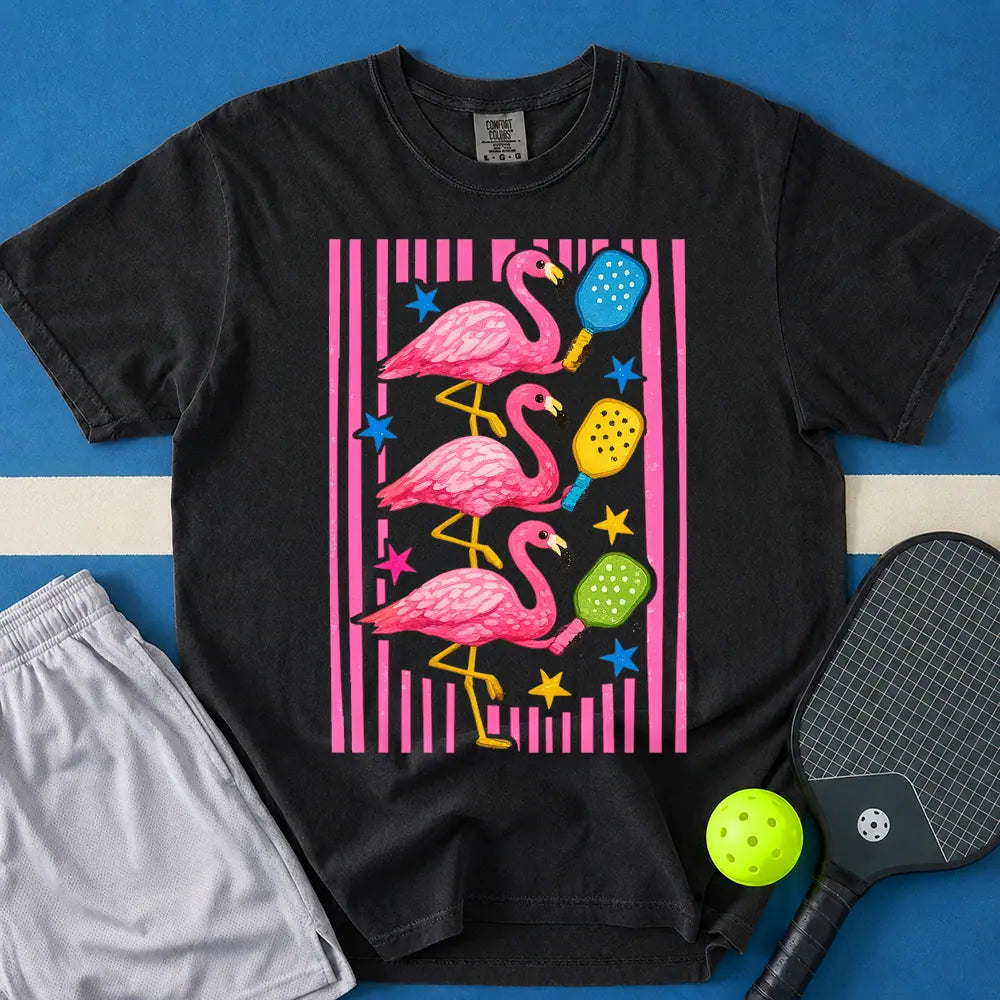 May include Flamingos Paddles T-Shirt in black t-shirt with Flamingos Paddles design