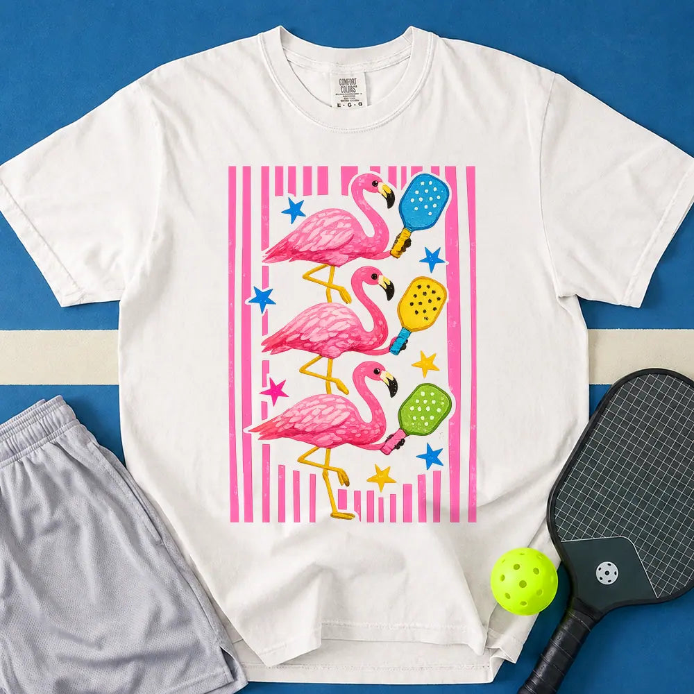 May include Flamingos Paddles T-Shirt in white t-shirt with Flamingos Paddles design