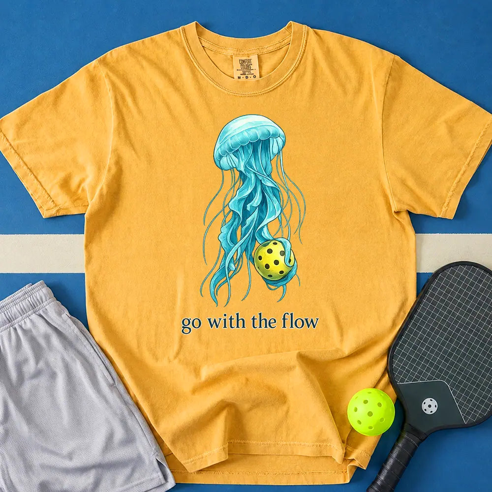 May include Go With The Flow T-Shirt in mustard t-shirt with Go With The Flow design