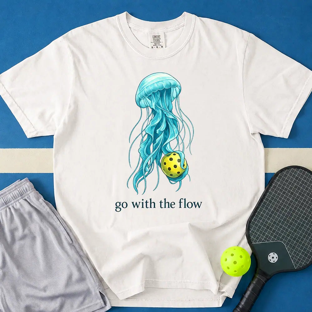 May include Go With The Flow T-Shirt in white t-shirt with Go With The Flow design