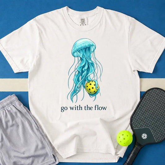 May include Go With The Flow T-Shirt in white t-shirt with Go With The Flow design