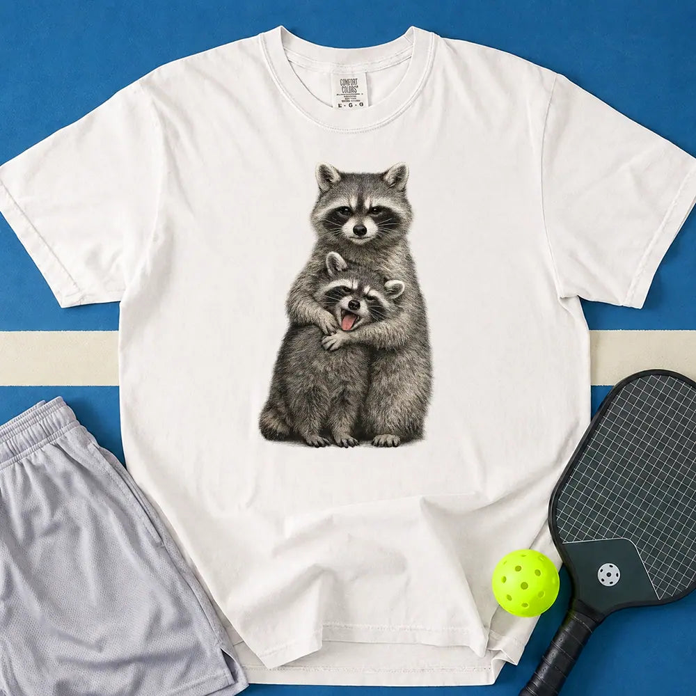 May include Hugging Raccoons T-Shirt in white t-shirt with Hugging Raccoons design