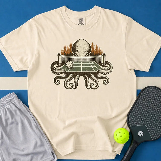 May include Octopus Court T-Shirt in ivory t-shirt with Octopus Court design