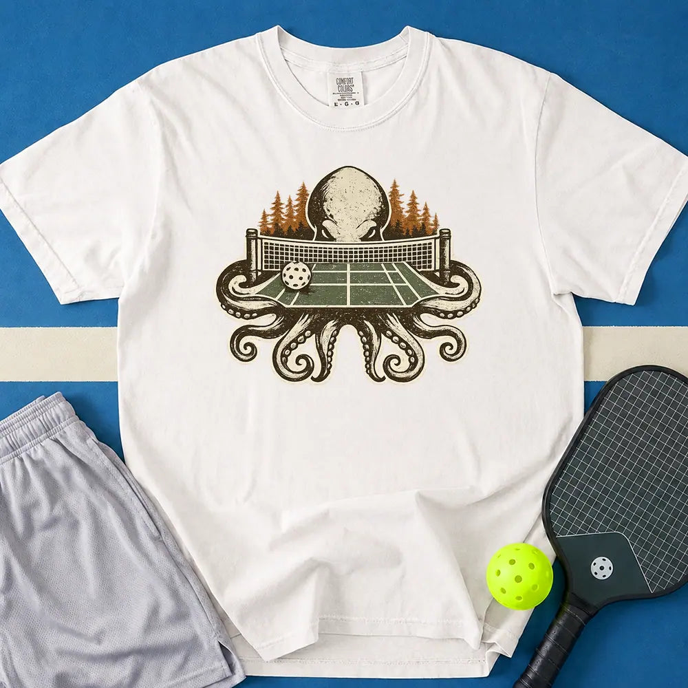 May include Octopus Court T-Shirt in white t-shirt with Octopus Court design