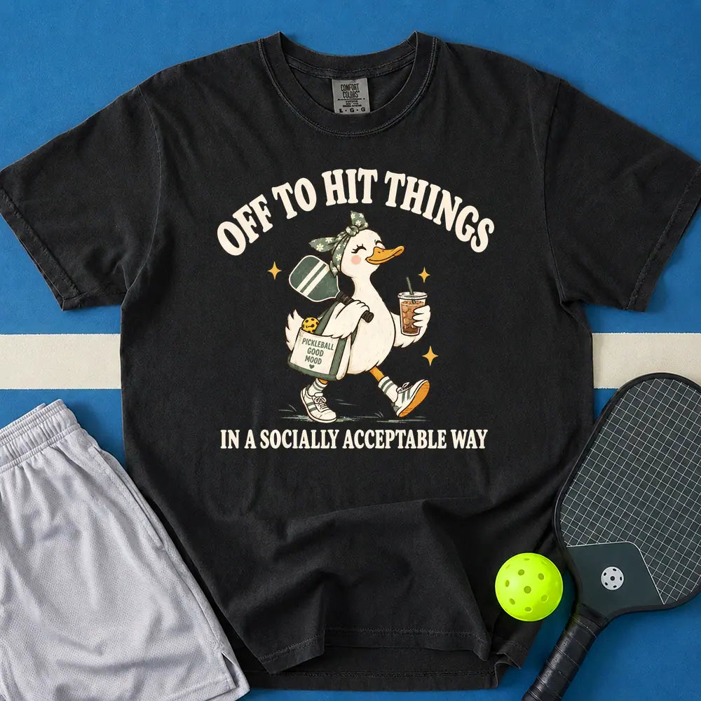 May include Off To Hit Things Duck Girl T-Shirt in black t-shirt with Off To Hit Things Duck Girl design