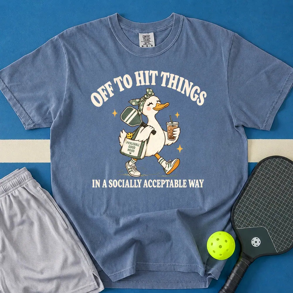 May include Off To Hit Things Duck Girl T-Shirt in blue jean t-shirt with Off To Hit Things Duck Girl design