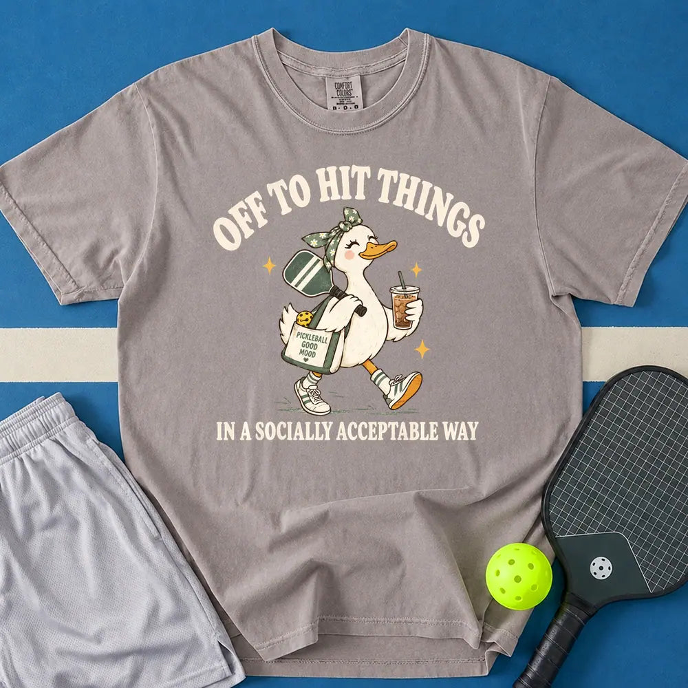 May include Off To Hit Things Duck Girl T-Shirt in gray t-shirt with Off To Hit Things Duck Girl design
