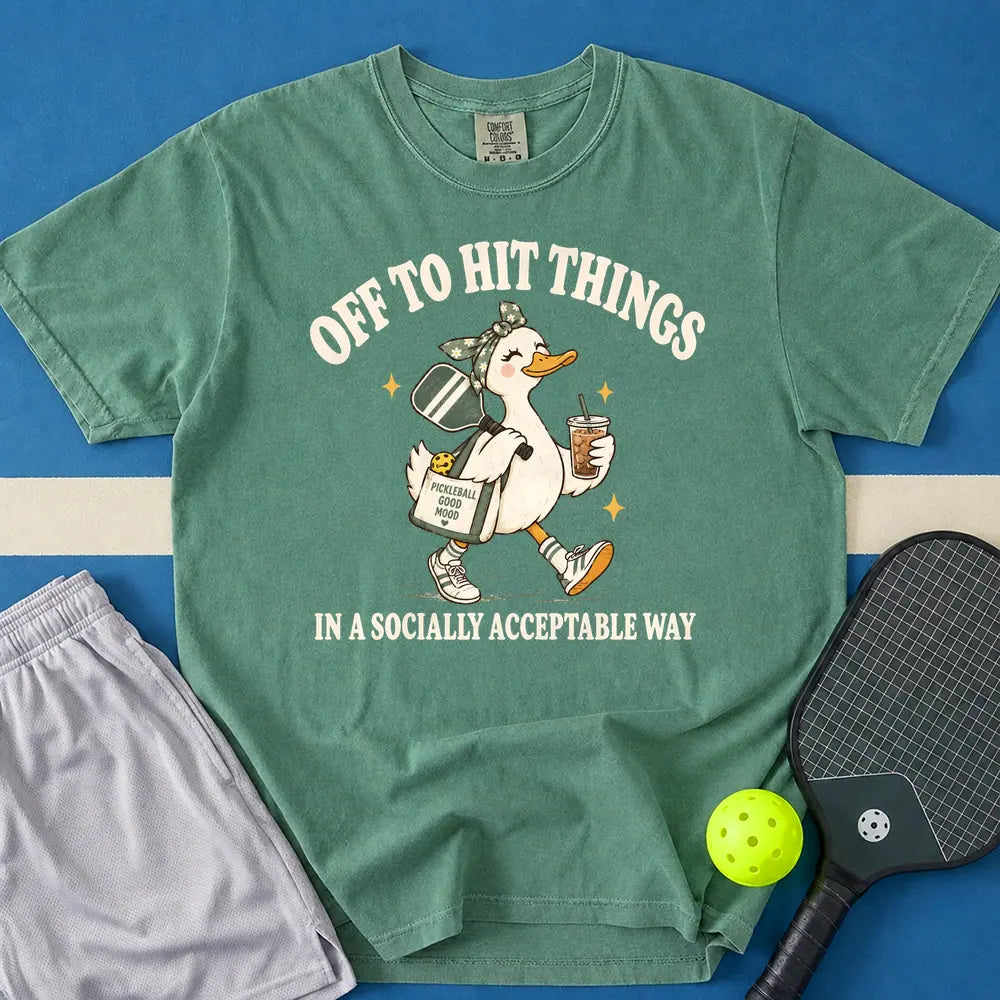 May include Off To Hit Things Duck Girl T-Shirt in light green t-shirt with Off To Hit Things Duck Girl design
