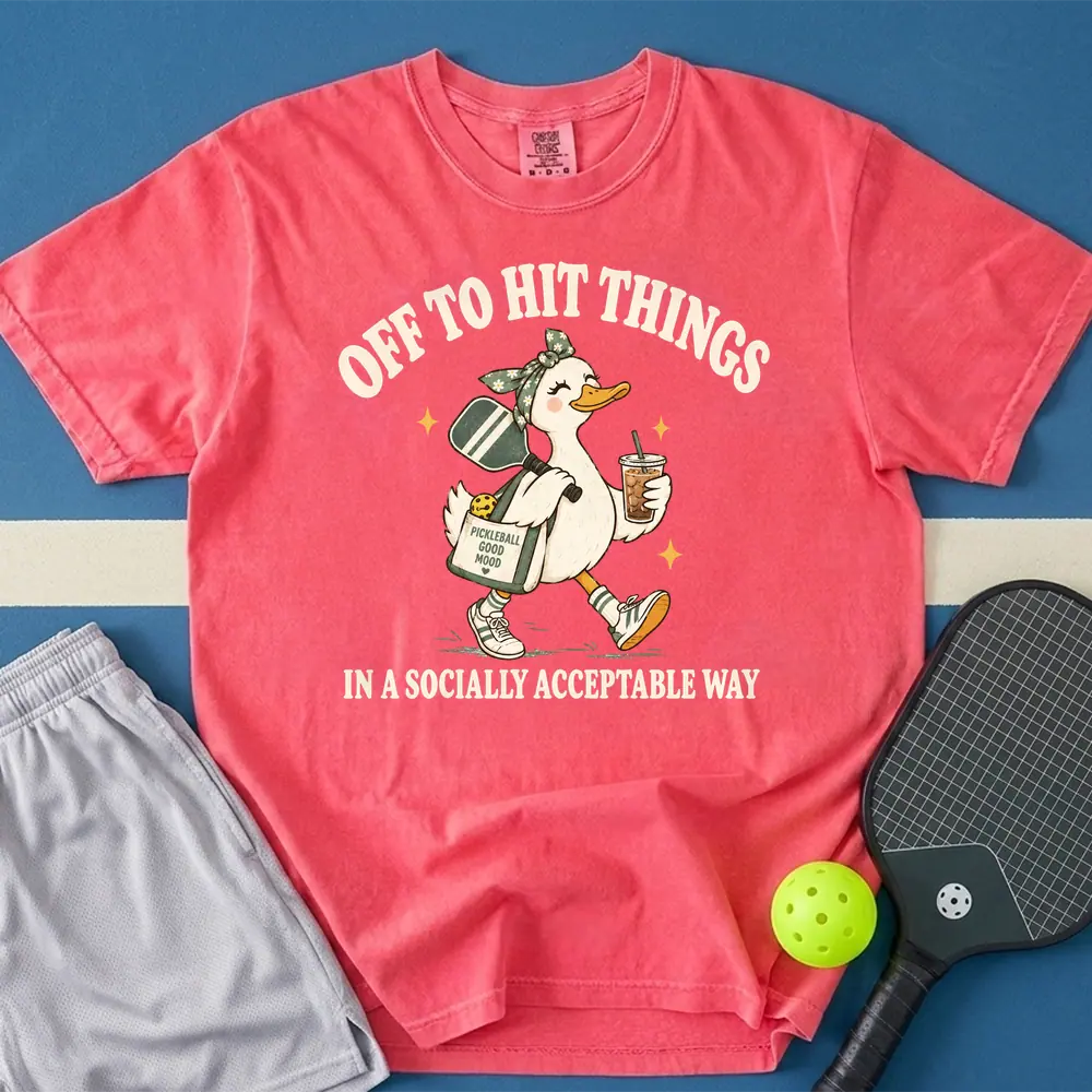 May include Off To Hit Things Duck Girl T-Shirt in watermelon t-shirt with Off To Hit Things Duck Girl design