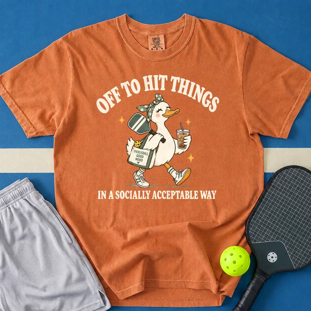 May include Off To Hit Things Duck Girl T-Shirt in yam t-shirt with Off To Hit Things Duck Girl design