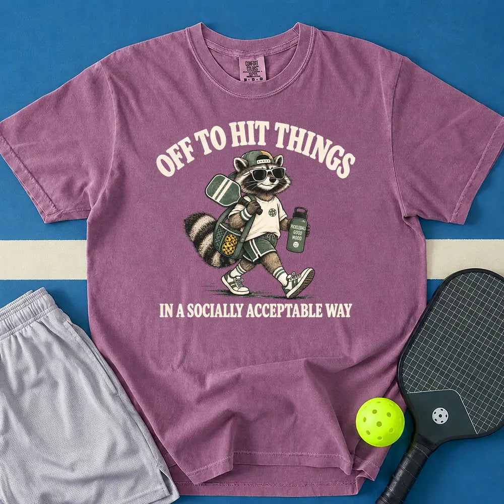 May include Off To Hit Things Raccoon T-Shirt in berry t-shirt with Off To Hit Things Raccoon design
