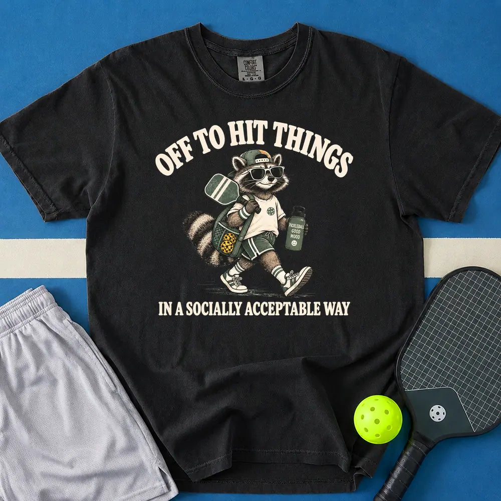 May include Off To Hit Things Raccoon T-Shirt in black t-shirt with Off To Hit Things Raccoon design