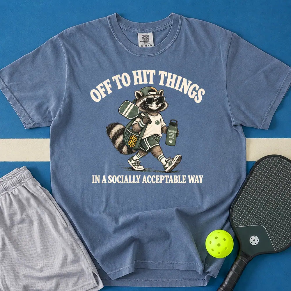 May include Off To Hit Things Raccoon T-Shirt in blue jean t-shirt with Off To Hit Things Raccoon design
