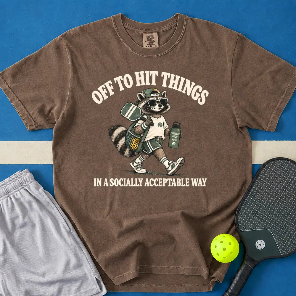 May include Off To Hit Things Raccoon T-Shirt in espresso t-shirt with Off To Hit Things Raccoon design