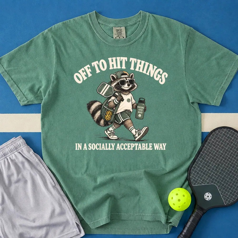 May include Off To Hit Things Raccoon T-Shirt in light green t-shirt with Off To Hit Things Raccoon design